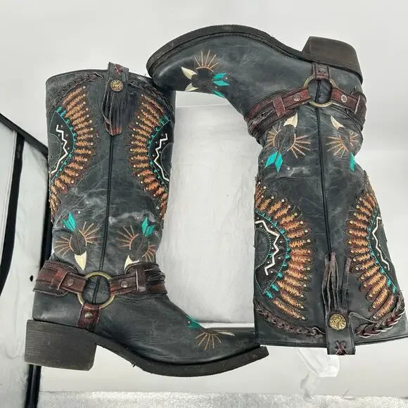 Women's Black Corral Eagle Overlay w/ Embroidery & Harness Biker Boots 10M A3616 - Picture 5 of 9